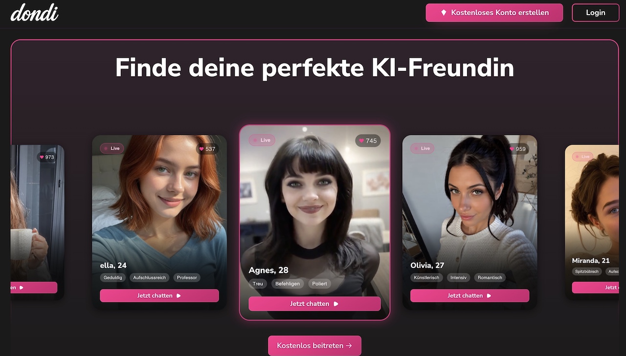 Auswahl einer AI Girlfriend auf Dondi AI Auswahl einer AI Girlfriend auf Dondi AI